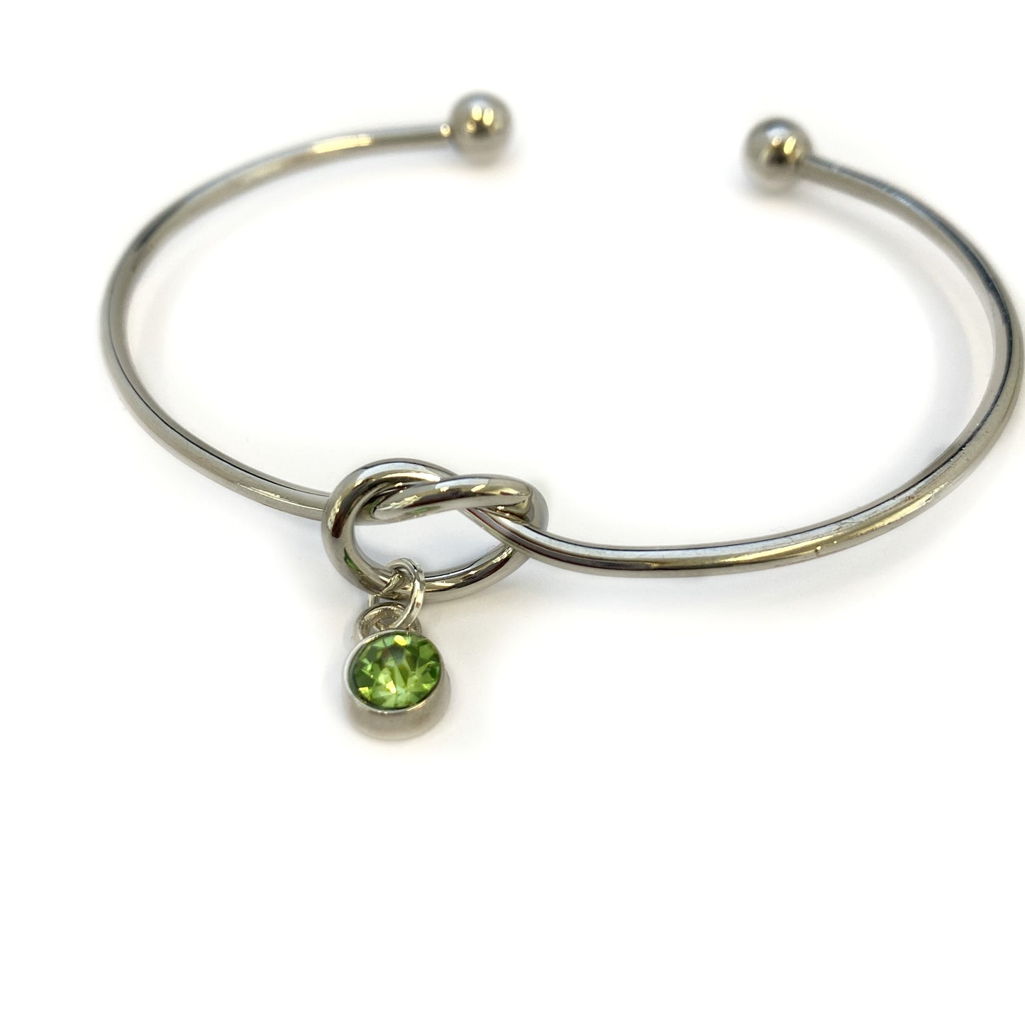 Birthstone KNOT Bracelet, Personalized Bridesmaid Gift, Tie the Knot Bracelet, August Birthstone charm Bracelet, Silver knot bangle cuff