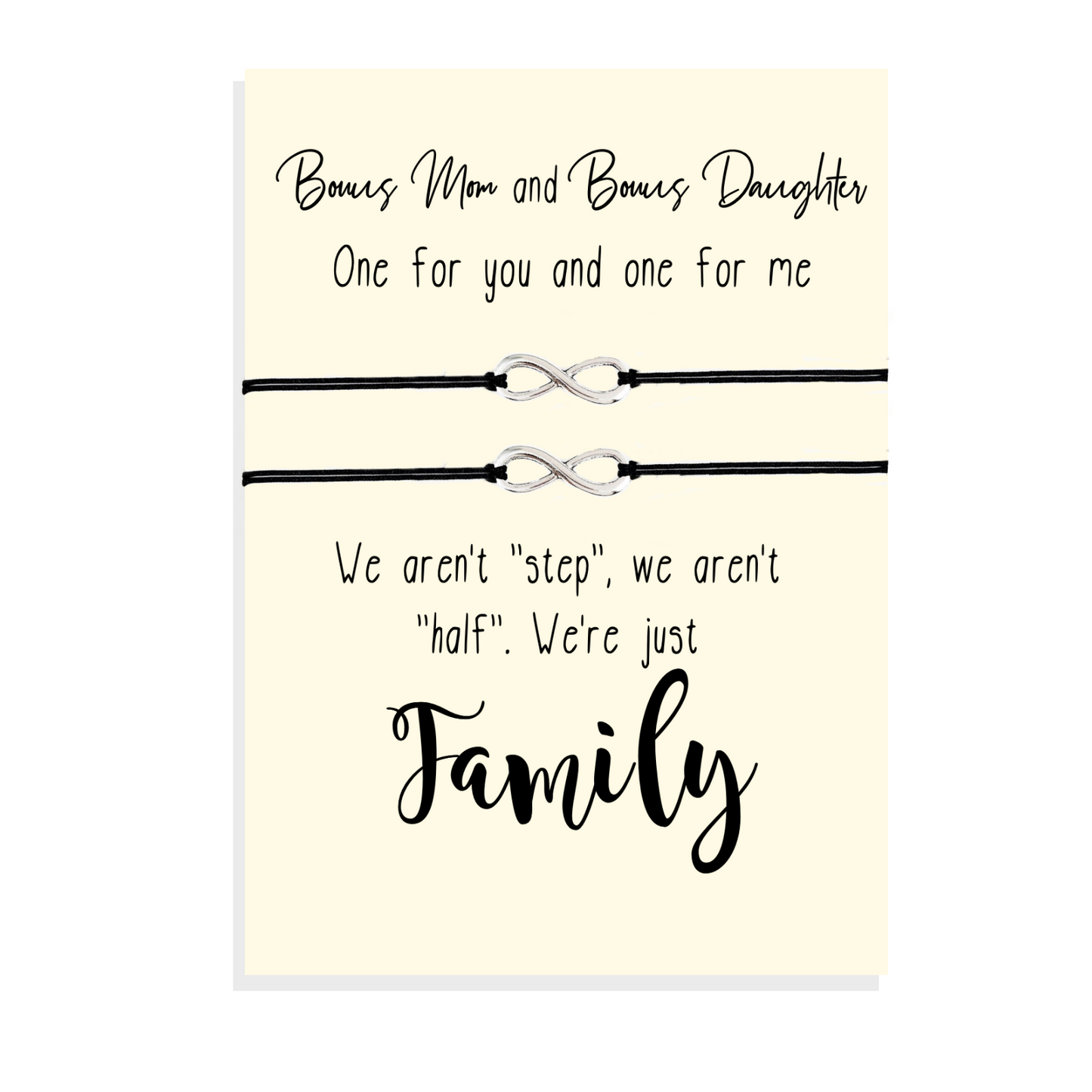 Set van twee Infinity bedelarmbanden geplaatst op Bonus Mom en Bonus Daughter Card, Pleegmoeder, Pleegdochter, Stiefmoeder, Stiefdochter, Moederdagcadeau, Bijpassende armbanden