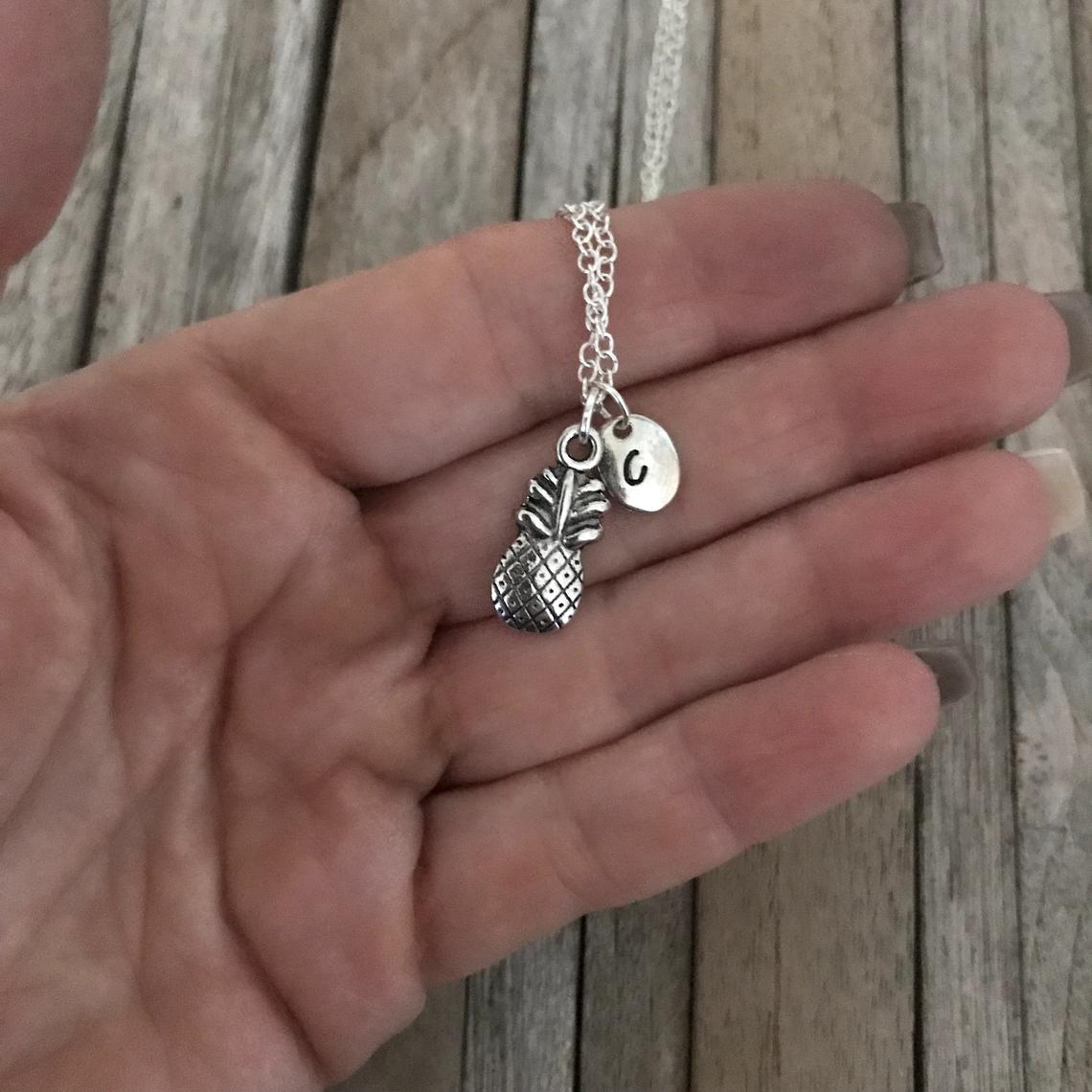 Pineapple necklace, Pineapple jewelry, Fruit necklace, Girl necklace gift with initial charm