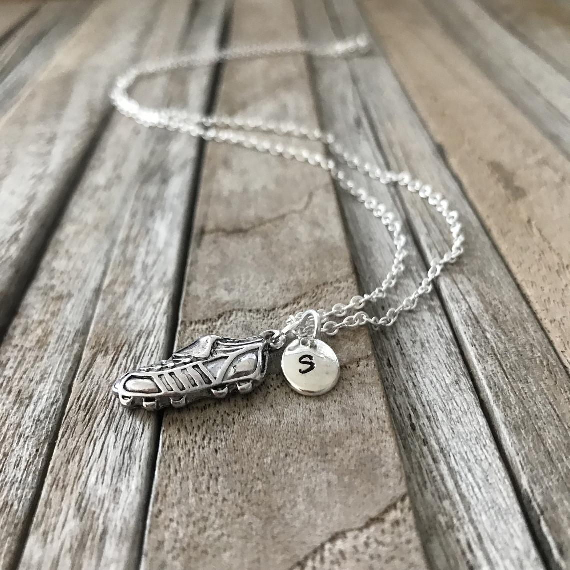 Silver soccer shoe necklace with initial charm, Soccer mom gift, Soccer shoe jewelry