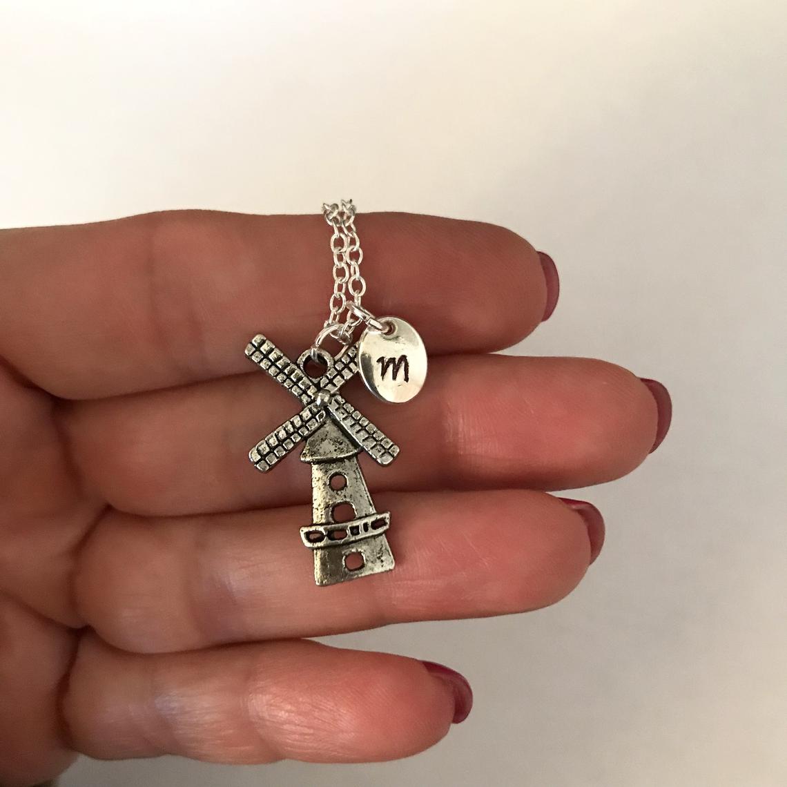 Personalized silver windmill necklace with initial charm, Best friend necklace