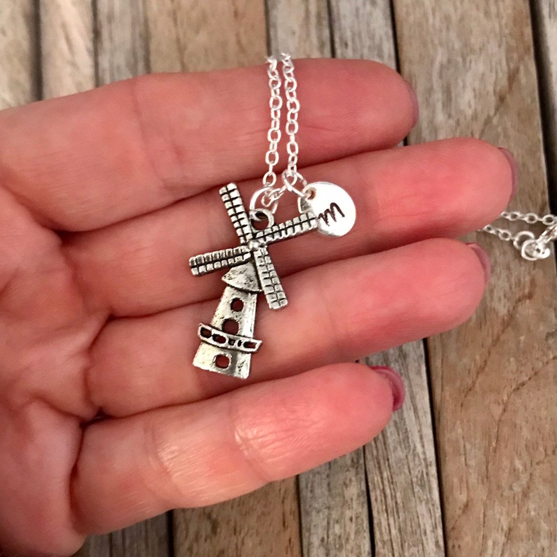 Personalized silver windmill necklace with initial charm, Best friend necklace