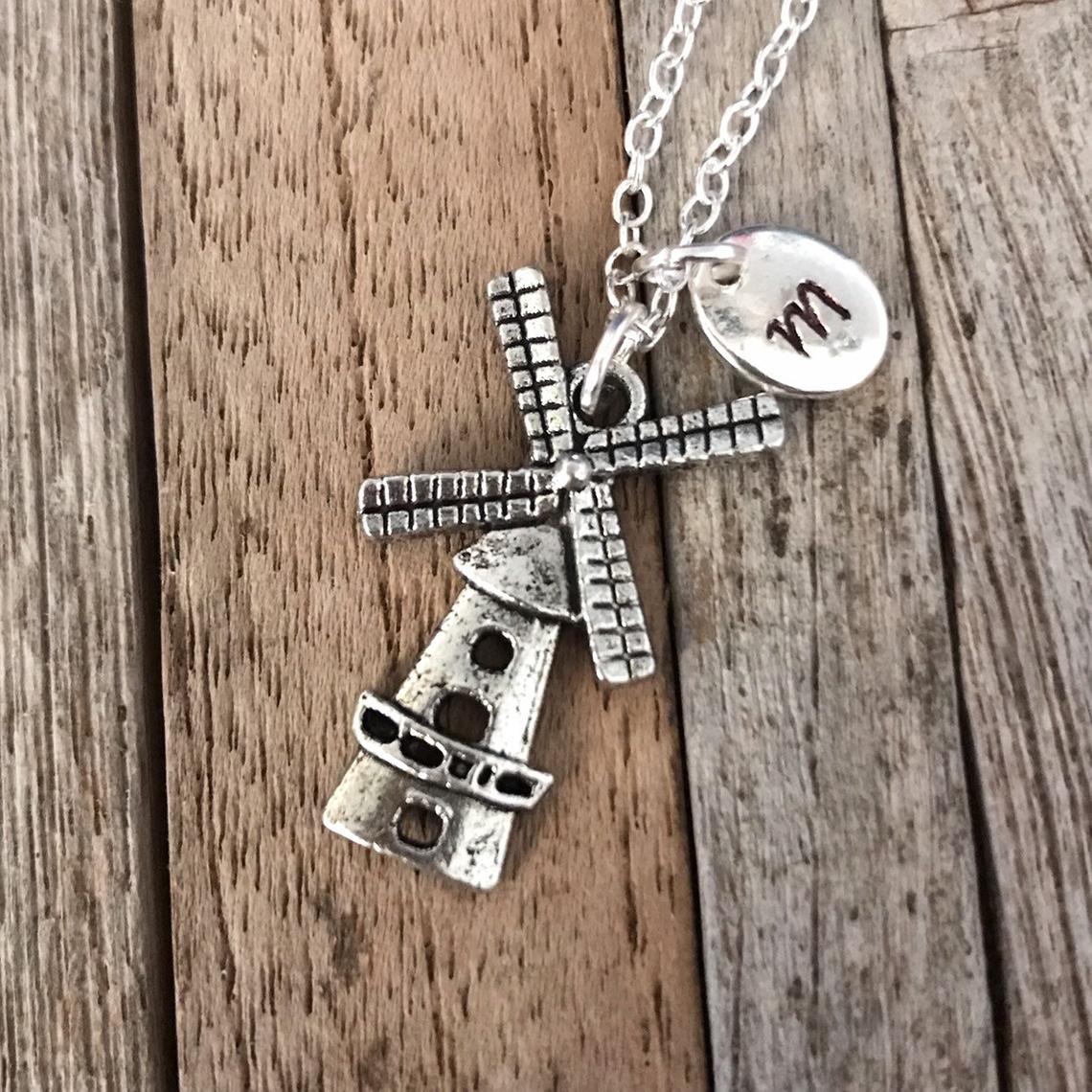 Personalized silver windmill necklace with initial charm, Best friend necklace