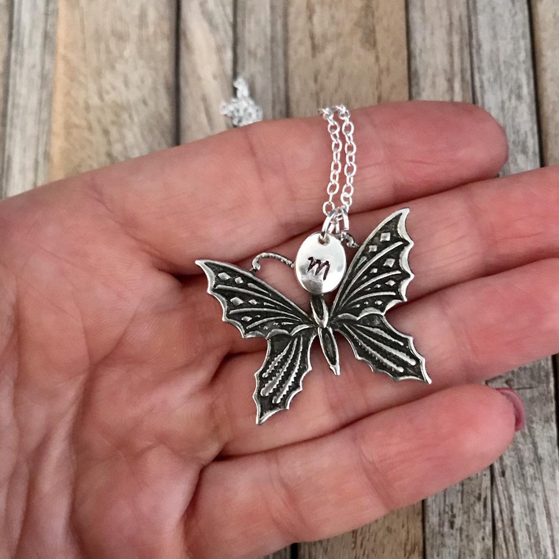 Butterfly necklace, Butterfly jewellery, Silver butterfly with hand stamped initial charm