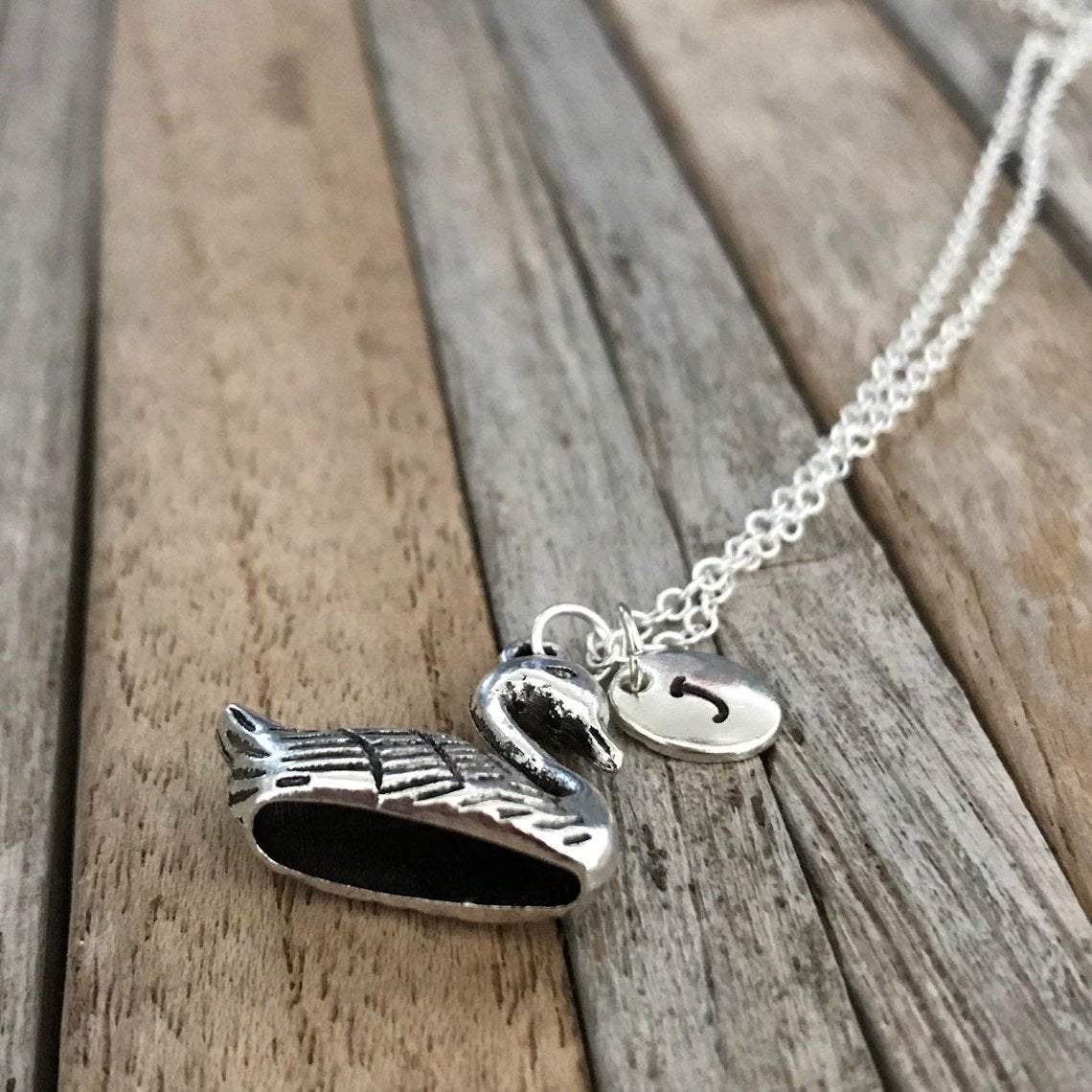 Personalized silver swan necklace with initial charm