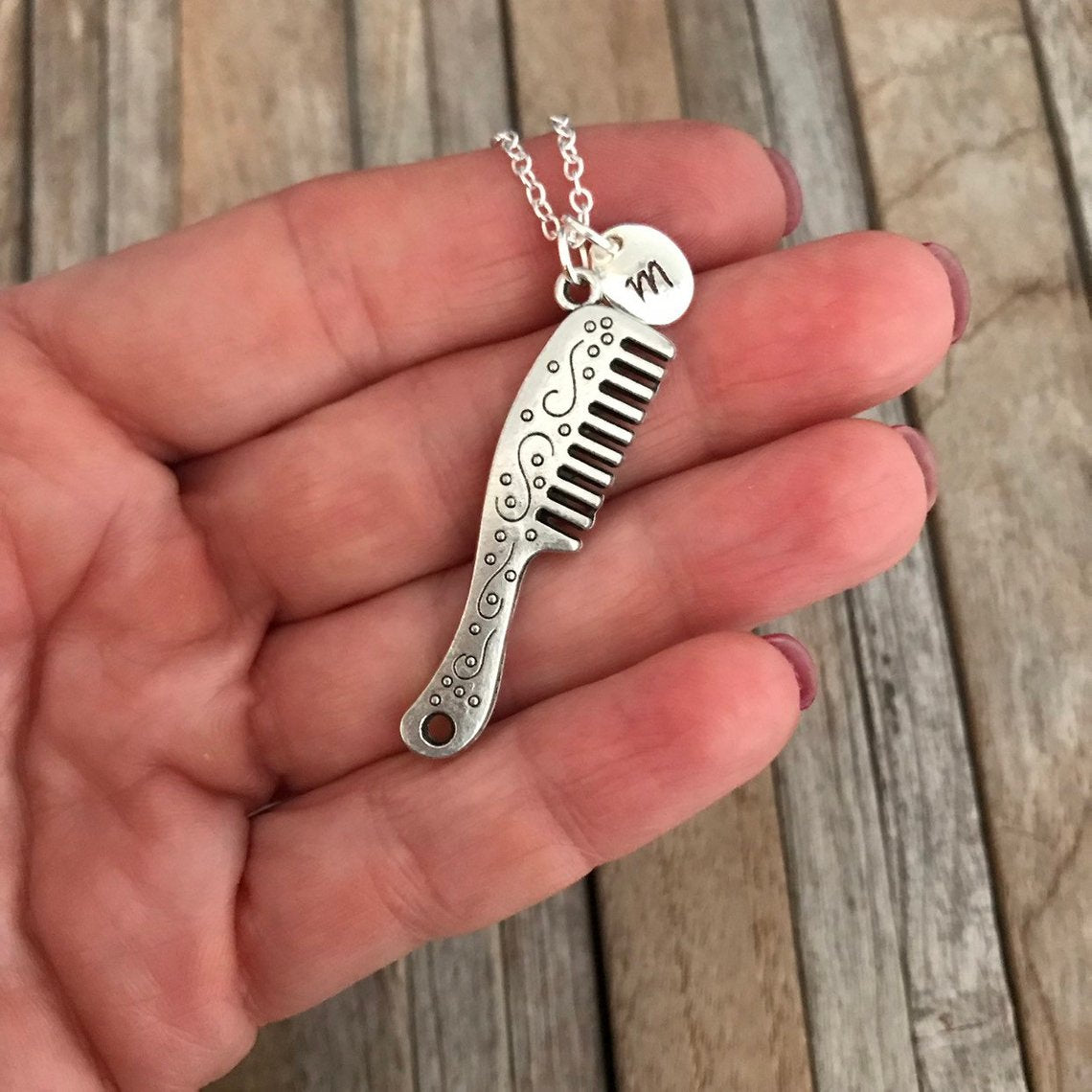 Hair dresser necklace gift with hand stamped initial charm, Stylist necklace, Hair comb charm