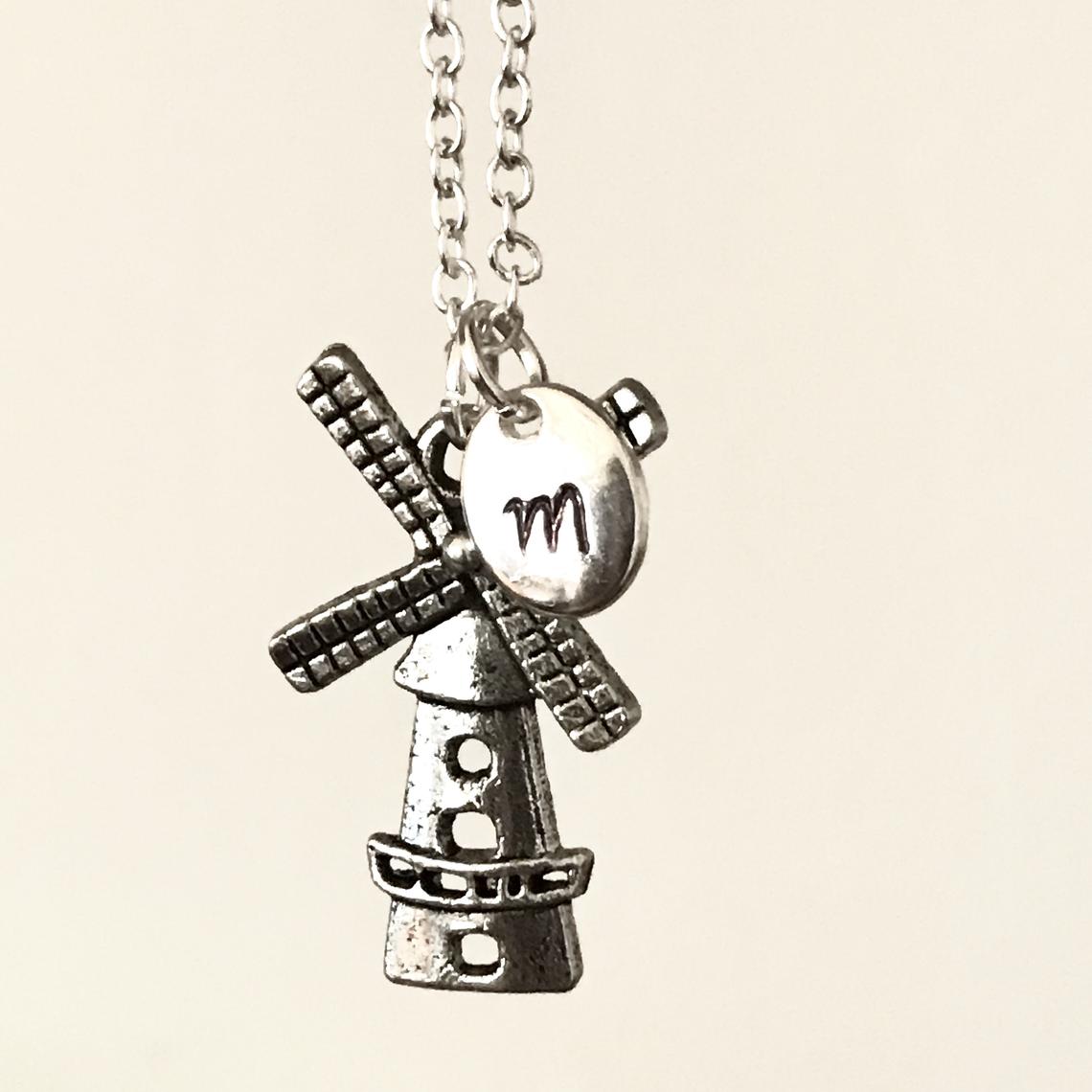 Personalized silver windmill necklace with initial charm, Best friend necklace