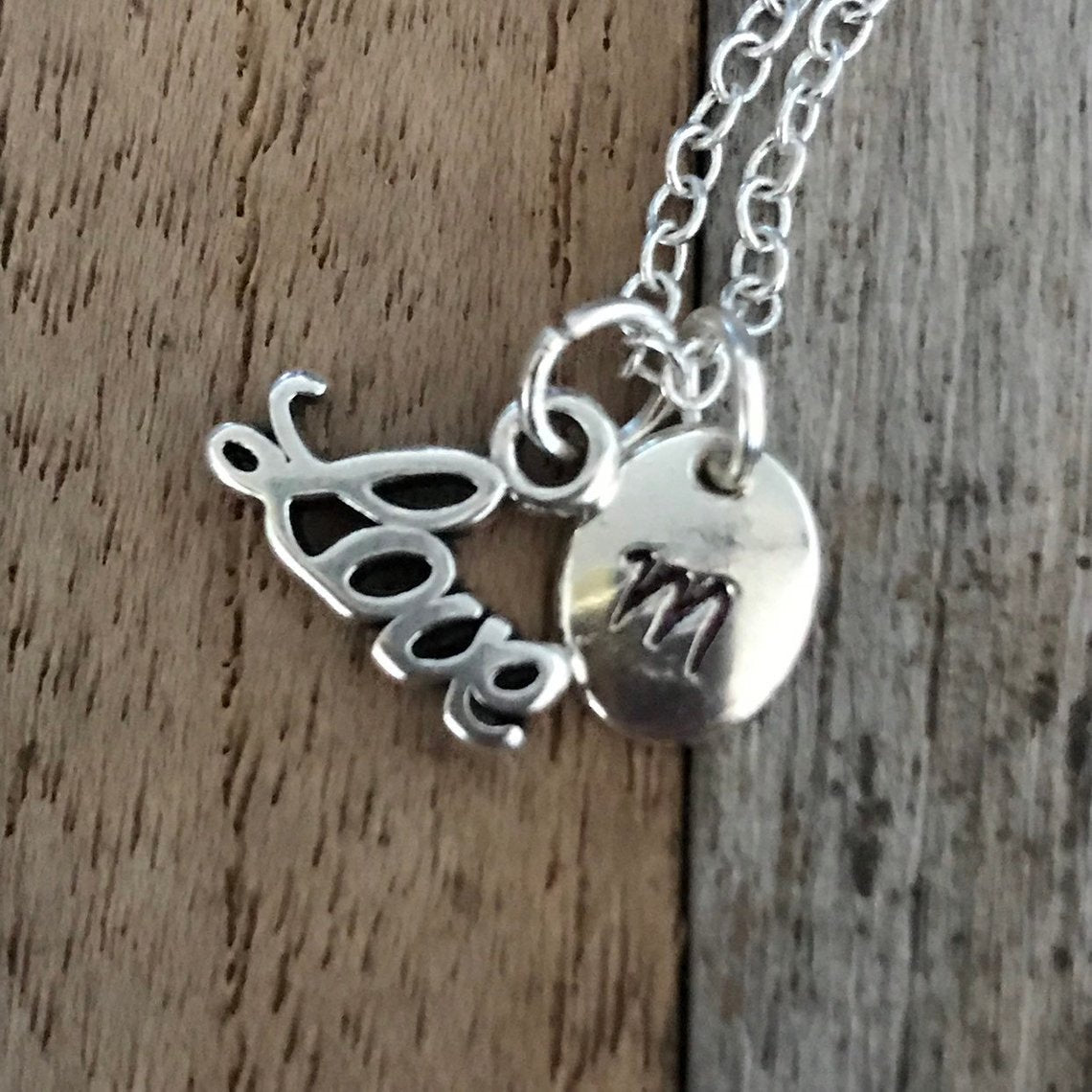 Customized Valentine's Day necklace with hand stamped initial charm, Love charm