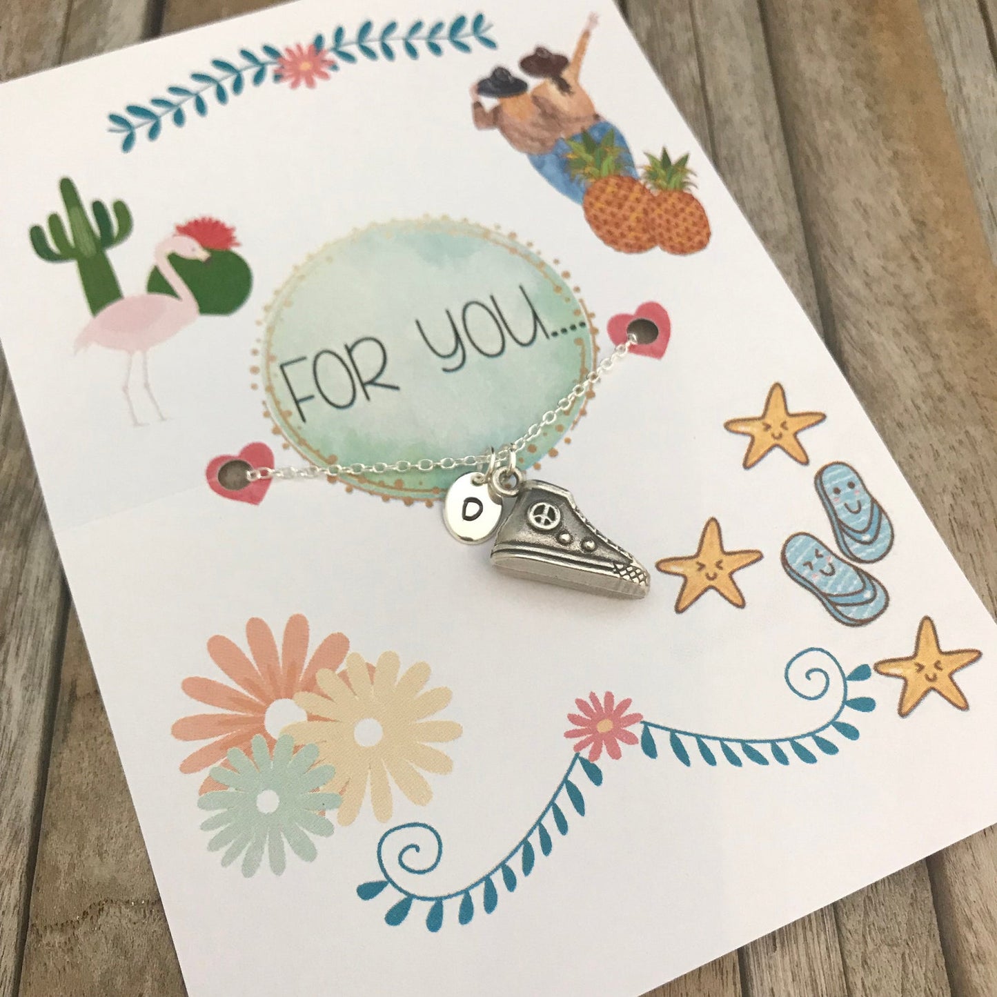 Personalized sneaker necklace with hand stamped monogram charm
