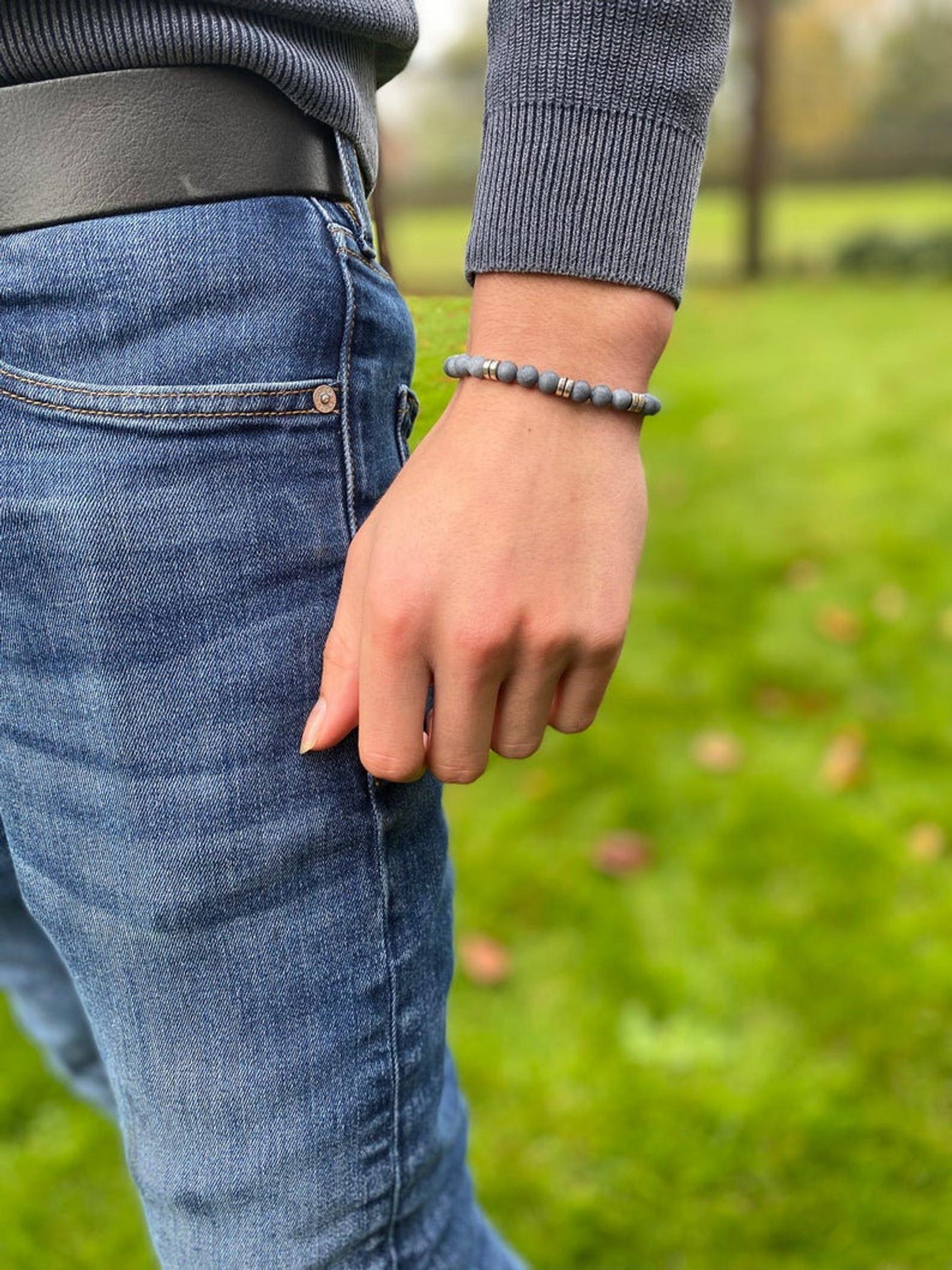 Natural Stone Beaded Bracelet, Boyfriend Gift, Christmas Gift for Boyfriend, Mens Bracelet, Mens jewelry Personalized Gift, Grey stone