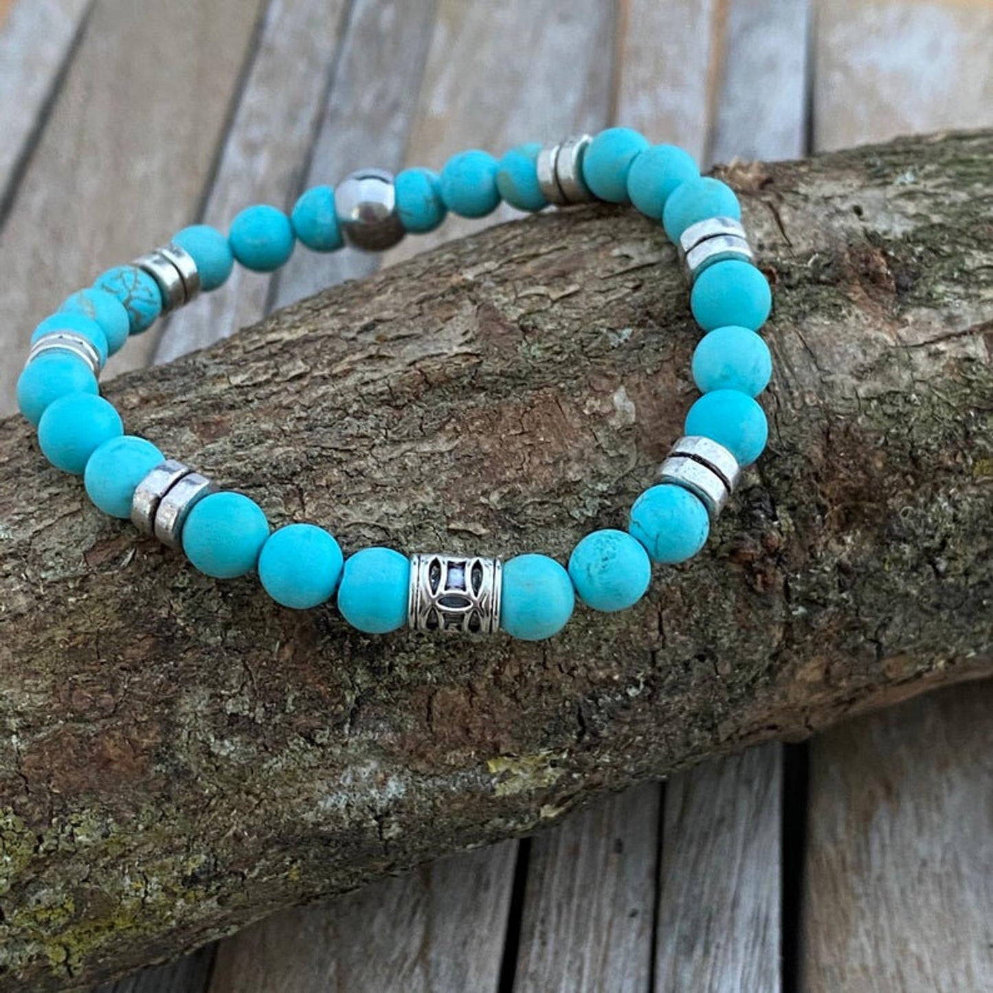 Turquoise Beaded Bracelet, Beaded Stretch Bracelet, Gemstone Bracelet, Boyfriend Gift, Christmas Gift, Mens Bracelet, Mens jewelry