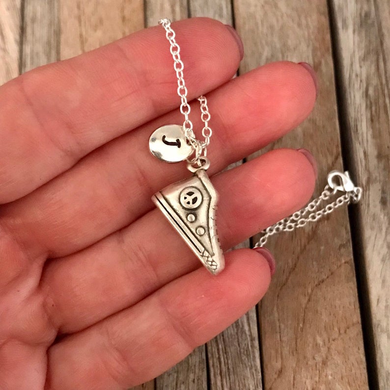 Personalized sneaker necklace with hand stamped monogram charm