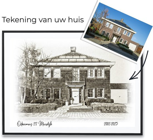 Tekening eigen huis van foto, GRATIS VERZENDEN Poster van je huis, Gepersonaliseerd Huisportret, Huis illustratie, Persoonlijk schilderij van je woning, Housewarming cadeau, Kado van Makelaar