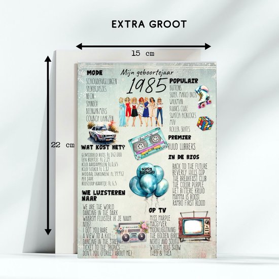 Verjaardagskaart 40 jaar, Wenskaart verjaardag, Mijn Geboortejaar 1985 Fun Facts, Maat A5 XL Extra grote kaart inclusief envelop