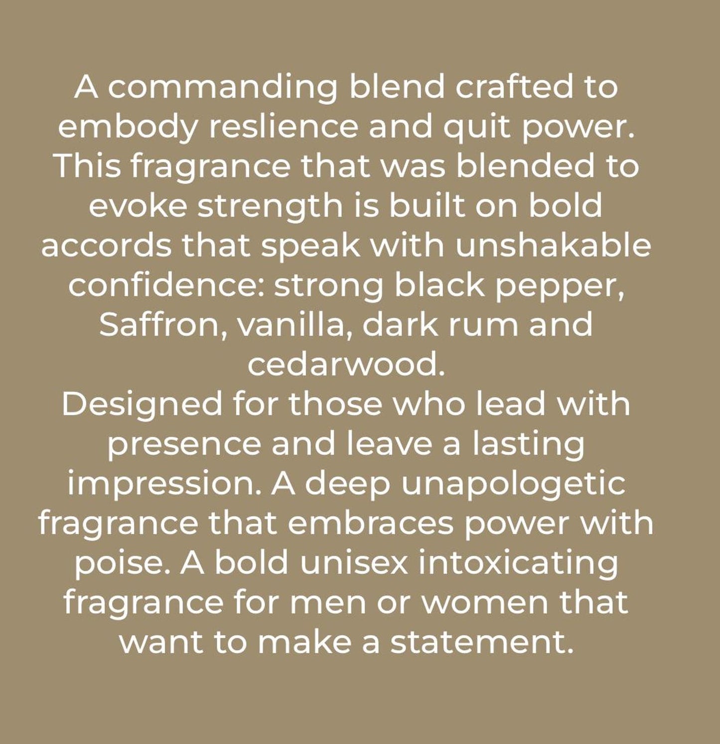 STRONG Strength evoking alcohol free perfume oil handcrafted Unisex Fragrance notes of black pepper, Saffron, Vanilla, Dark Rum & Cedar wood