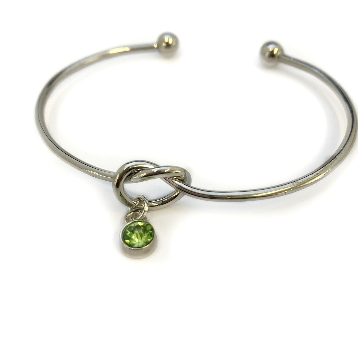 Birthstone KNOOP armband, gepersonaliseerd bruidsmeisje cadeau, knoop de knoop armband, augustus Birthstone bedelarmband, zilveren knoop armband manchet