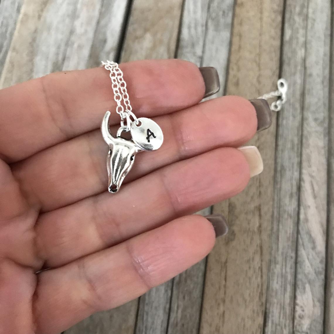 Personalized bull skull, Buffalo skull necklace with monogram charm