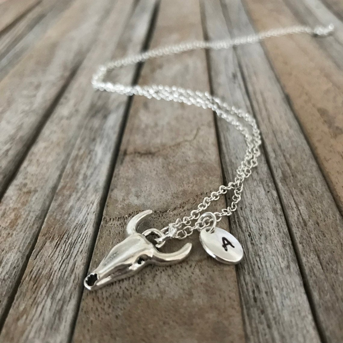 Personalized bull skull, Buffalo skull necklace with monogram charm