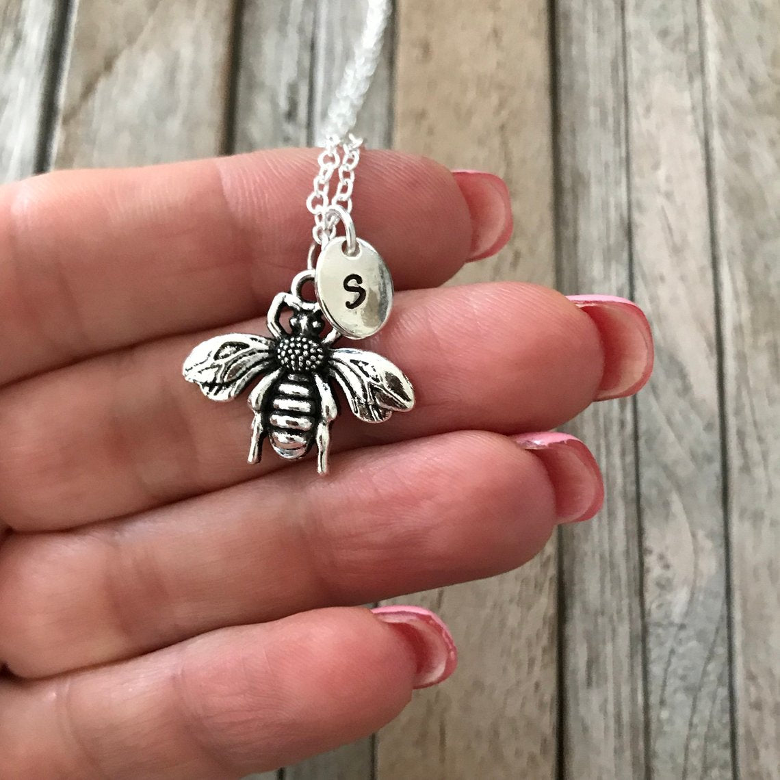 Personalized bumble bee necklace, Bee necklace, Silver bee charm, Honey bee jewelry