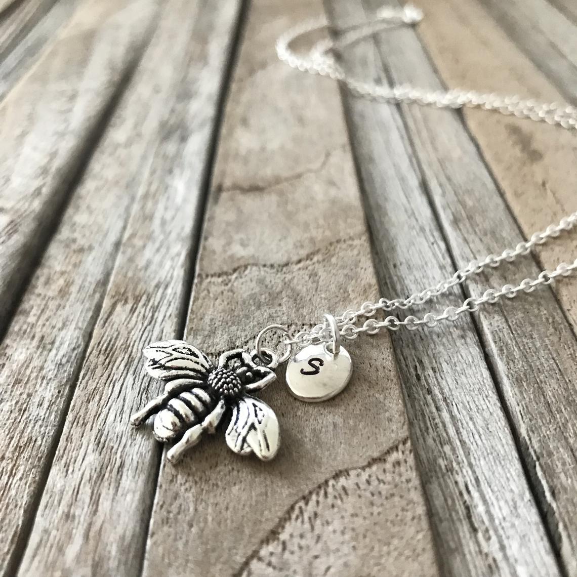 Personalized bumble bee necklace, Bee necklace, Silver bee charm, Honey bee jewelry