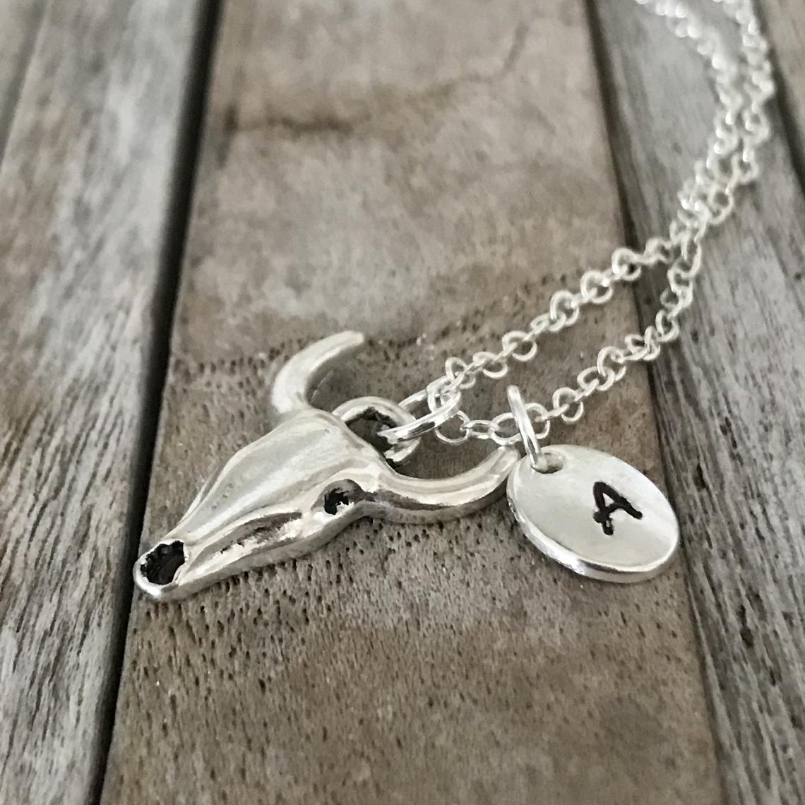 Personalized bull skull, Buffalo skull necklace with monogram charm