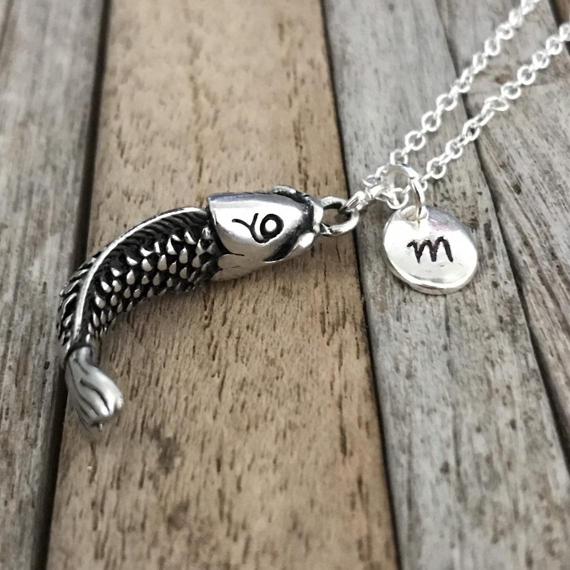 Customized fish necklace, Fish jewelry, Silver fish charm with Initial, Fisherman or woman gift