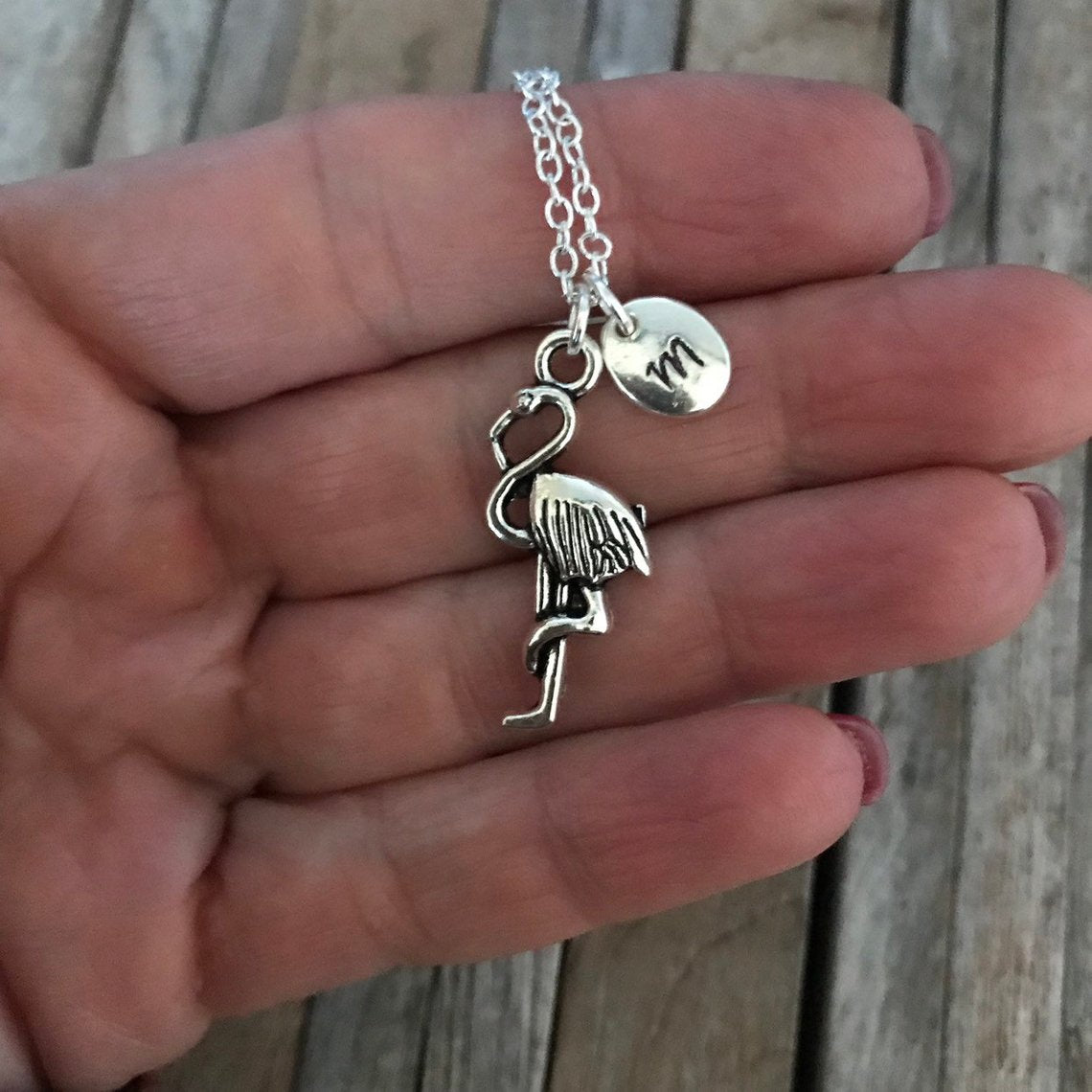 Custom flamingo necklace with initial charm, Gift for teenager, Teenager necklace