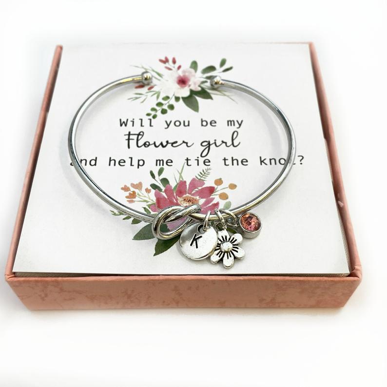 Bloemenmeisje armband, knoop de knoop armband, gepersonaliseerde eerste bruidsmeisje geschenk, bruidsmeisje voorstel geschenk, knoop armband, bloemenmeisje